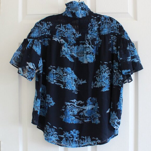 Ann Taylor Floral Toile Smocked Yoke Top Navy Blue - Picture 7 of 9